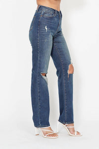 Judy Blue High Waist Knee Ripped Dad Denim Jeans in medium wash - women's jeans - detail view