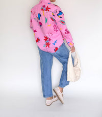Karlie Poplin Button Up Top in magenta artist - women's blouse - detail view