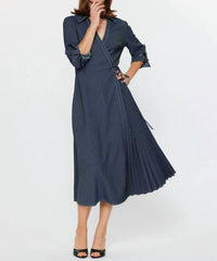 Current Air - Denim Wrap Pleat Detail Midi Dress