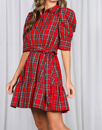Vine & Love Plaid Short Puff Sleeve Mini Dress in red - women's dress - view 5