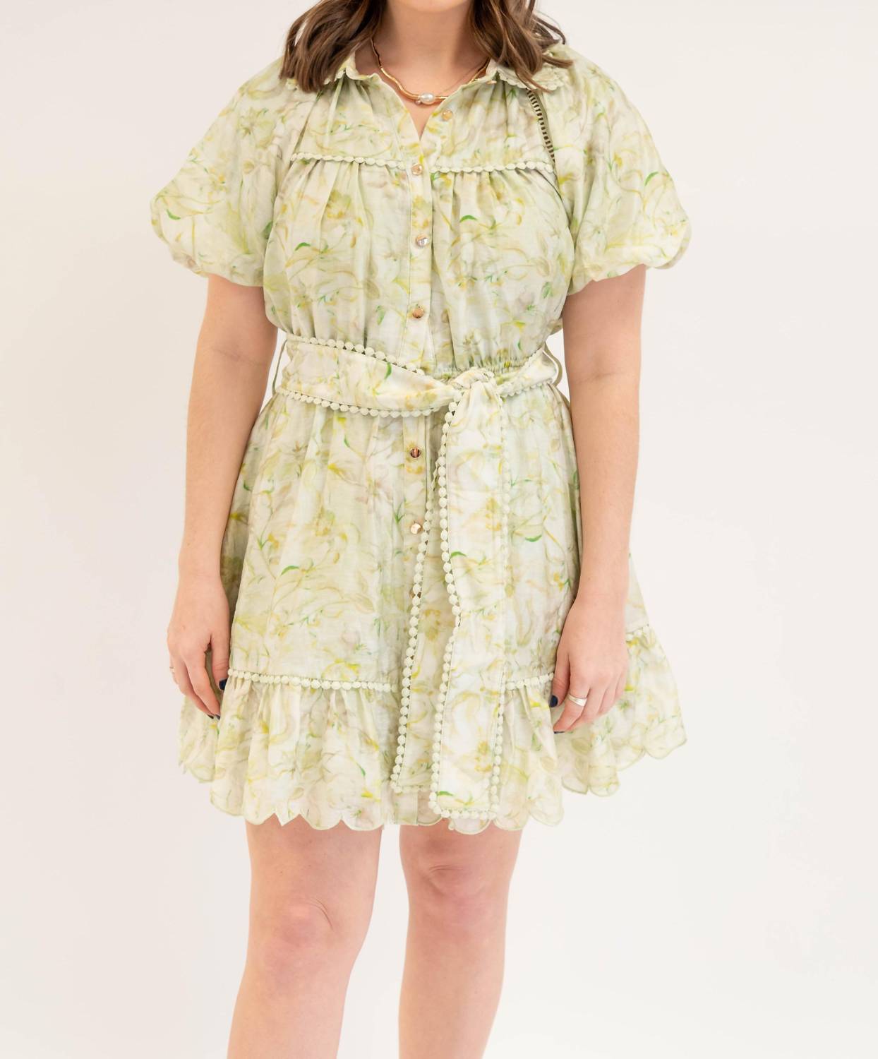 En Saison Savannah Bubble Sleeve Belted Mini Dress in green - women's dress