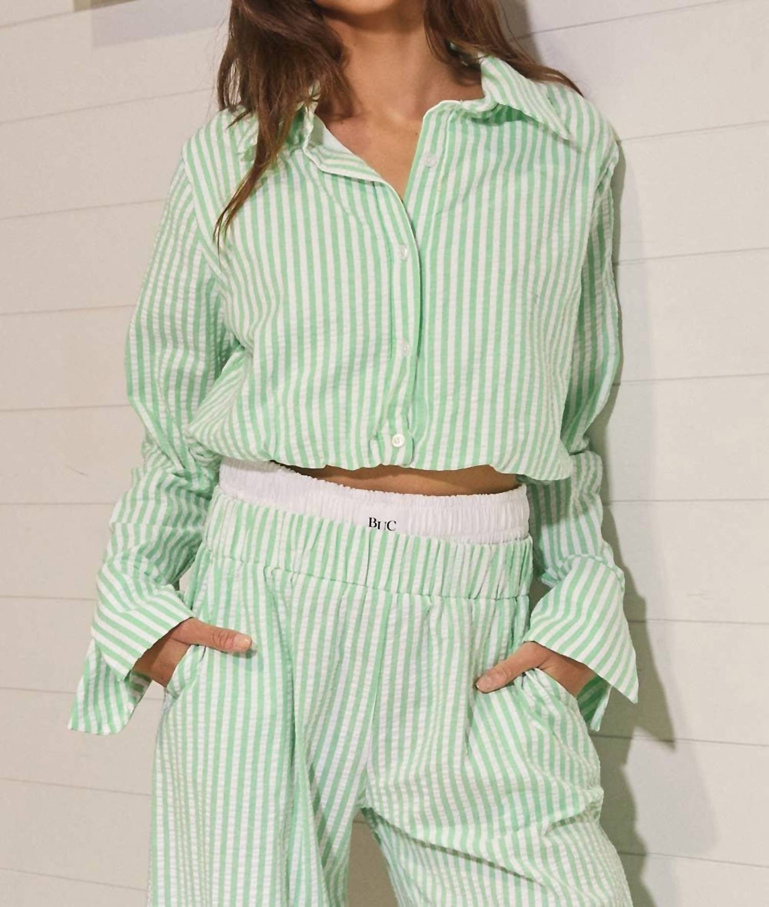 BUCKETLIST Striped Seersucker Crop Shirt Top in sage - women's shirt