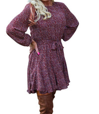 She + Sky - Long Sleeve Print Dress With Flutter Bottom