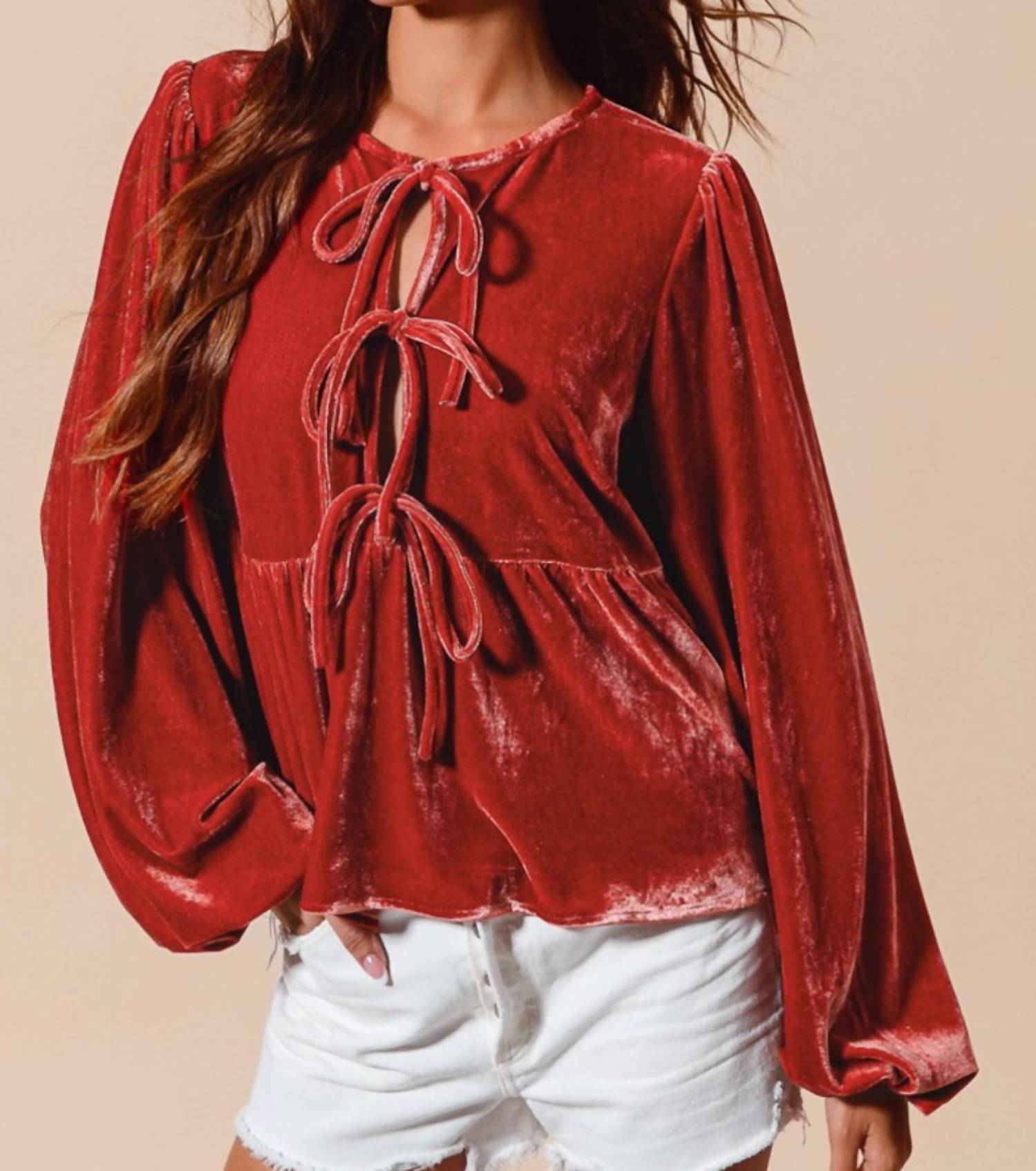 So Me Carmine Velvet Front Tie Peplum Blouse in red - women's blouse