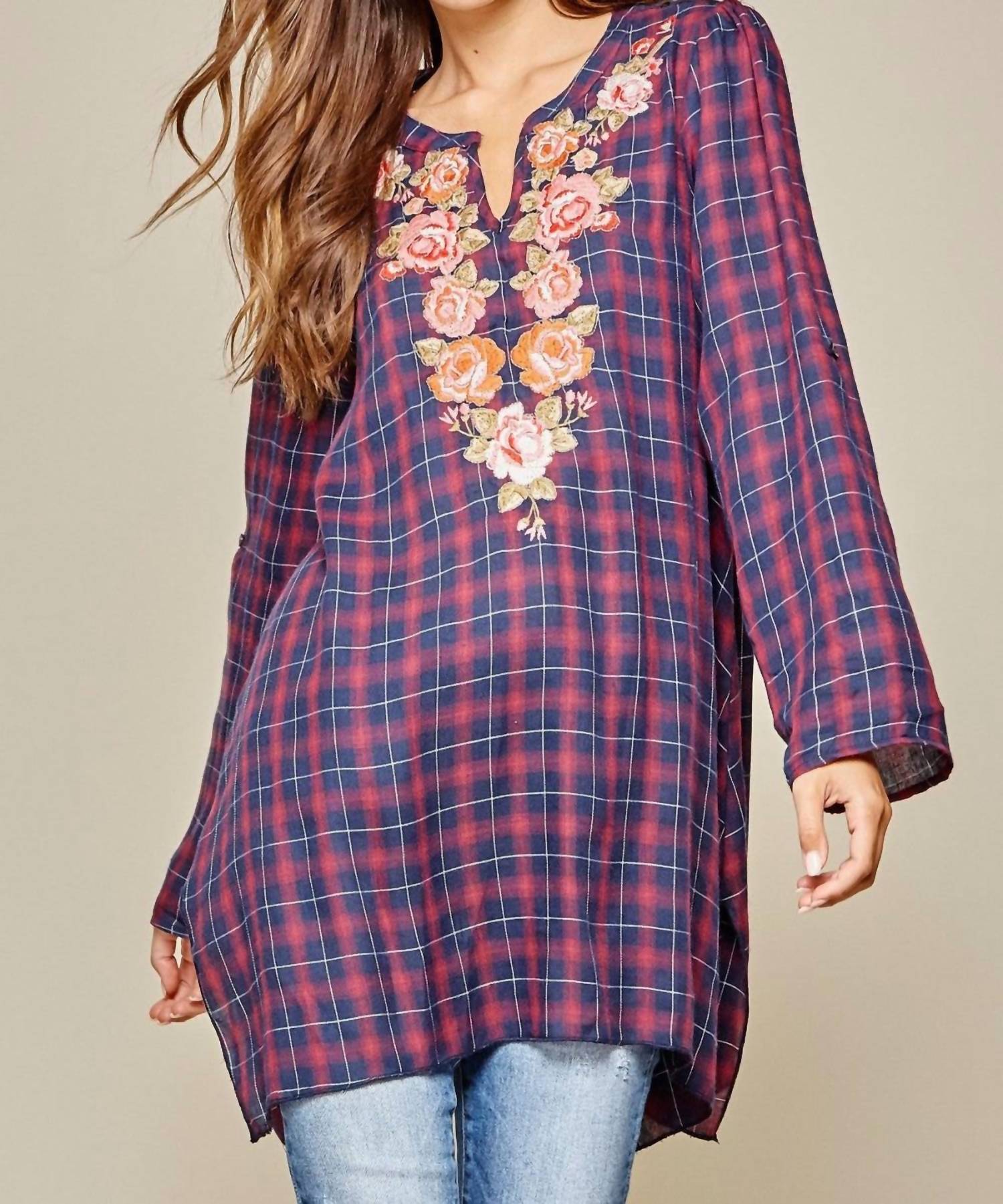 Andree By Unit - Plaid Embroidered Top