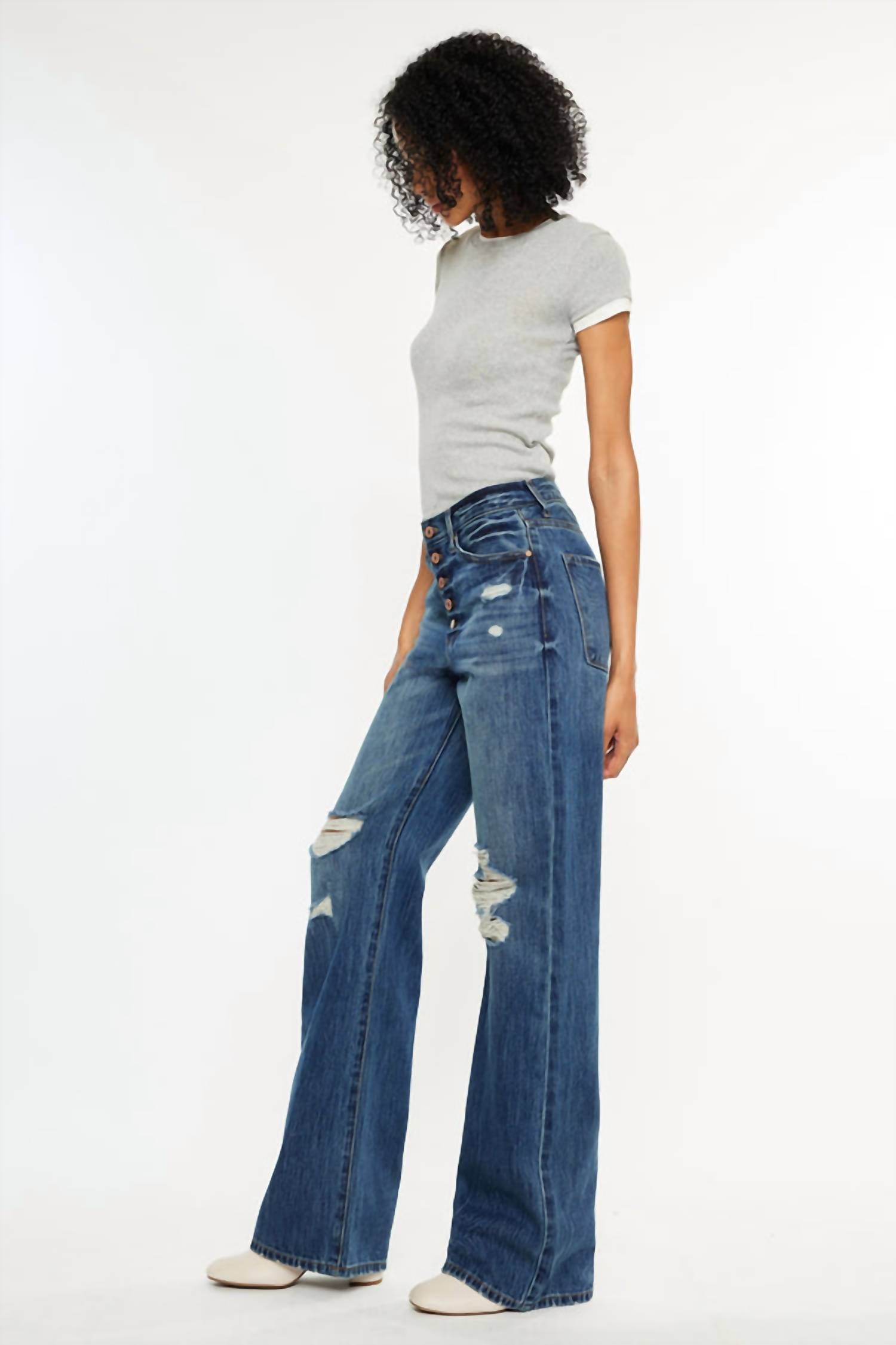 KanCan Ultra High Rise Exposed Button 90's Flare Jeans in medium wash 1 - women's jeans - alternate view