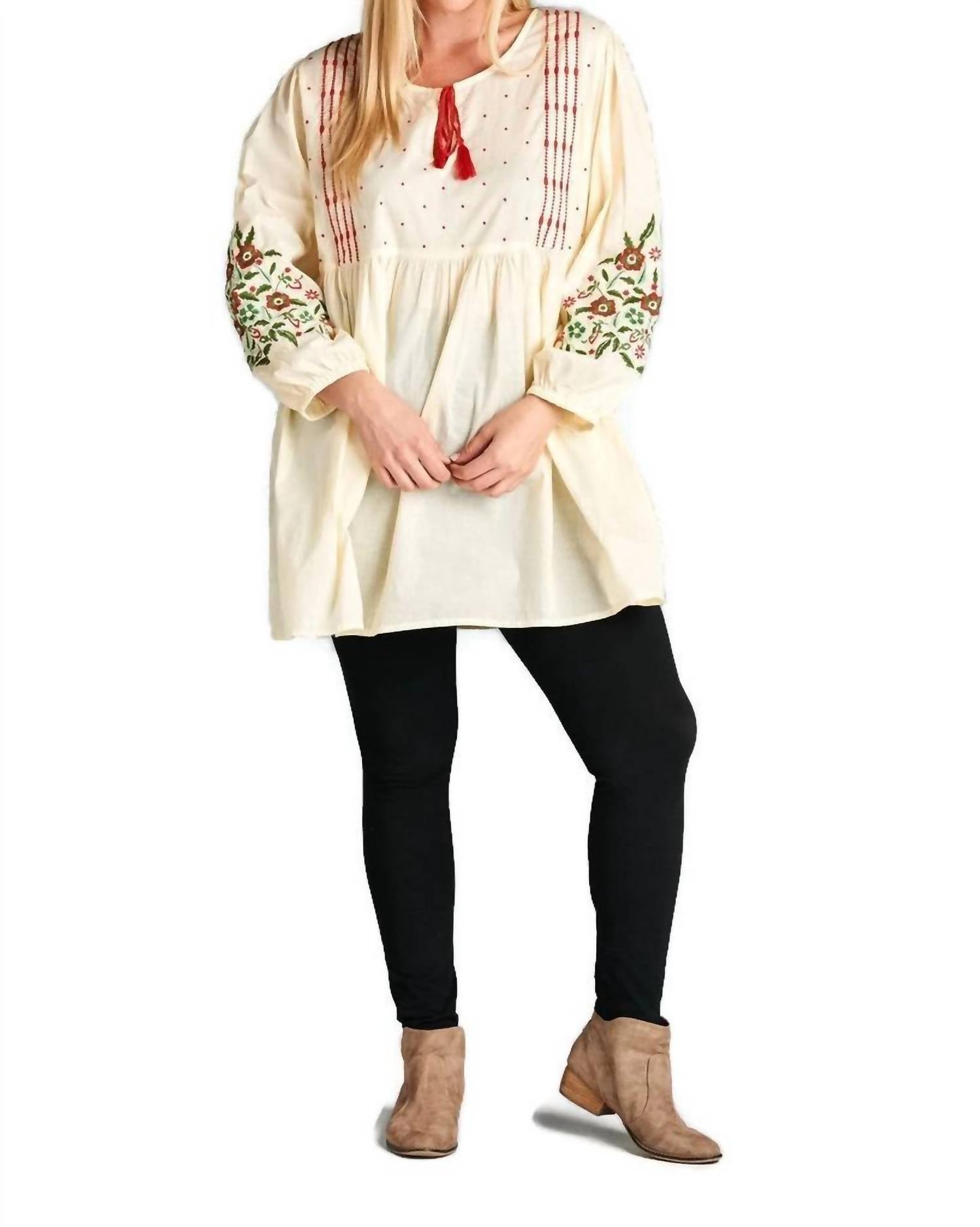 Velzera - Floral Embroidered Peasant Mini Dress