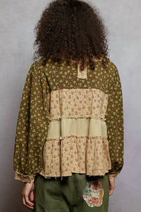 POL Pearl Studded Patch Work Top in olive green - women's blouse - alternate view