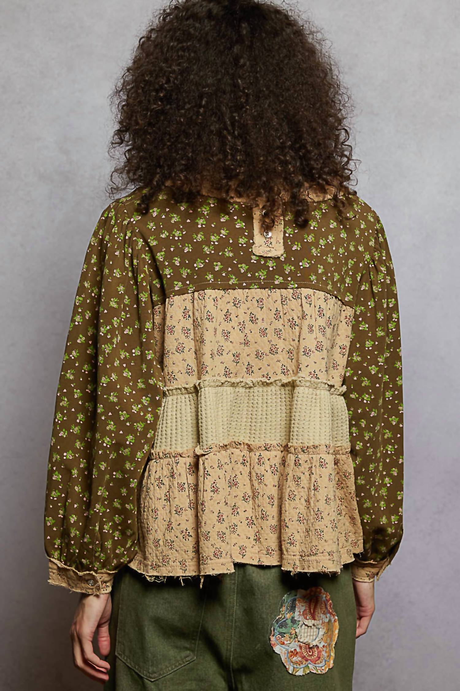 POL Pearl Studded Patch Work Top in olive green - women's blouse - alternate view