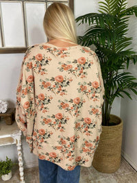 BiBi Floral Cut Edge Oversized Waffle Thermal Top in beige - women's long sleeve top - detail view