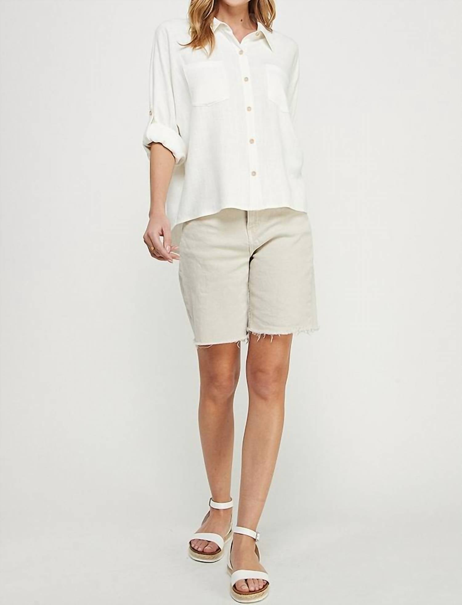 Allie Rose - Linen Blend Long Sleeve Roll Tab Dolman Shirt