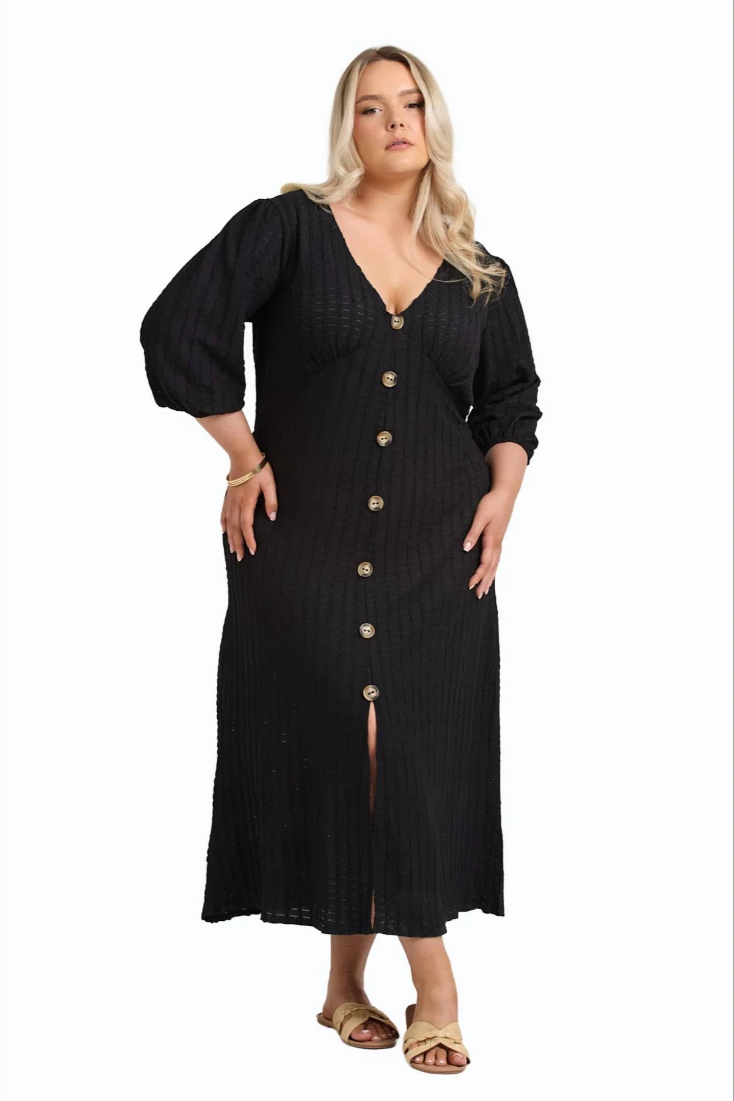 Fashion Szn Curve - Balloon Sleeve Button Front Midi Dress - Plus