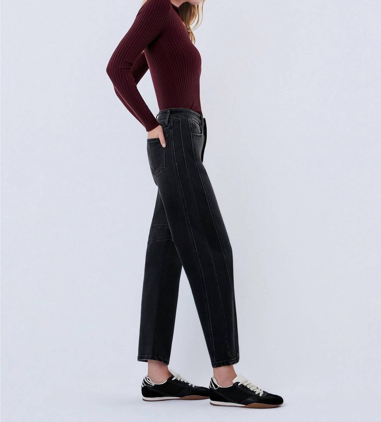 FLYING MONKEY High Rise Ankle Barrel Leg Jean in black - women's jeans - view 4