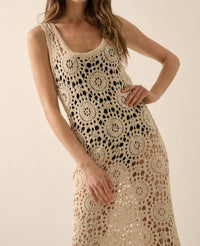 Promesa - Crochet Knit Fringe Hem Midi Tank Dress