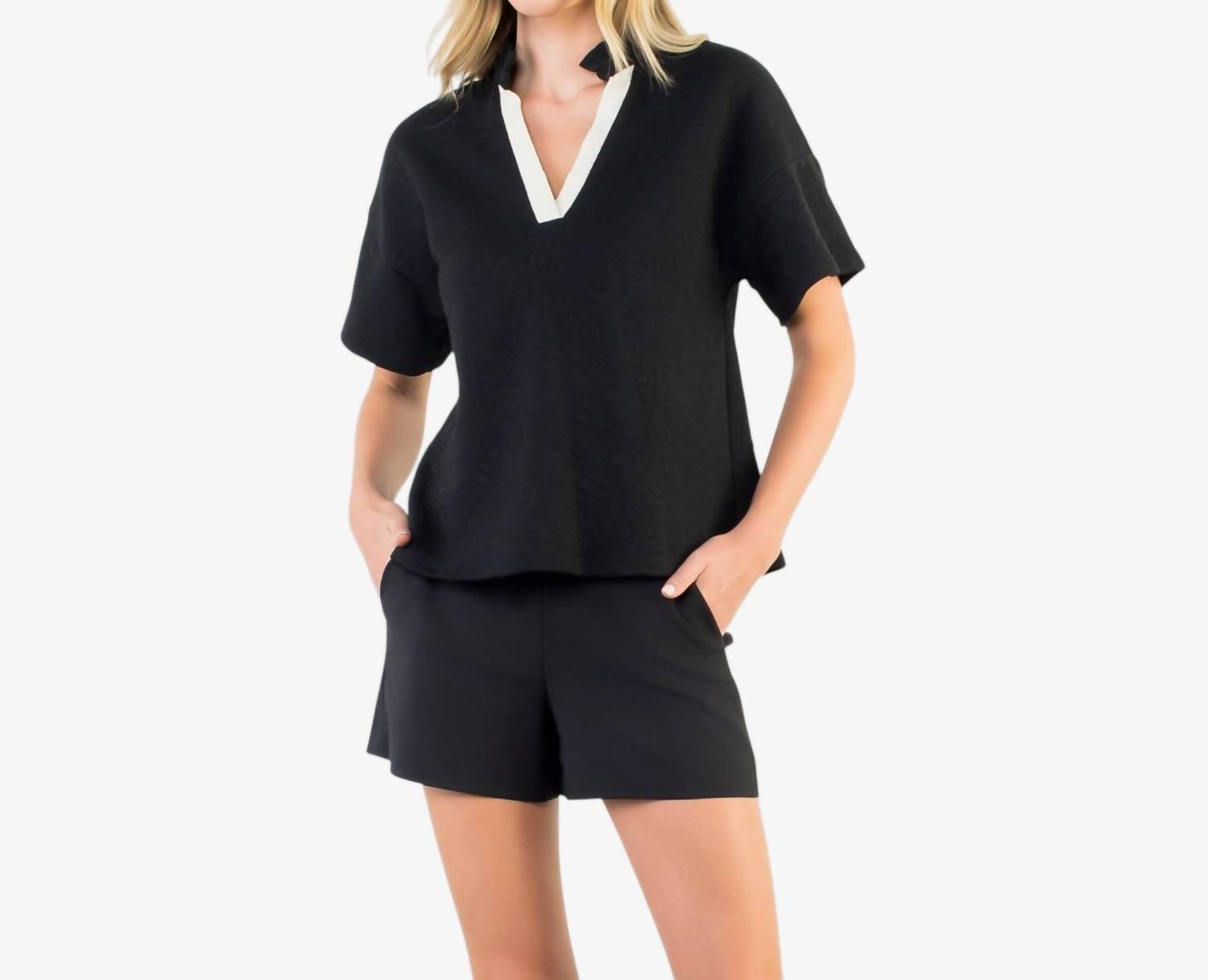 THML Contrast Trim V-Neck Top in black - women's t-shirt