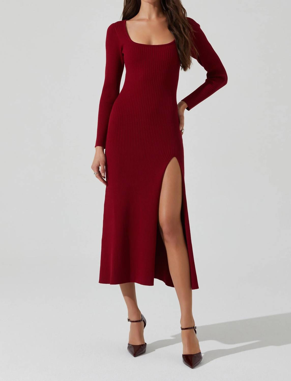 ASTR Long Sleeve Ribbed Sweater Dress in red cherry - women's dress