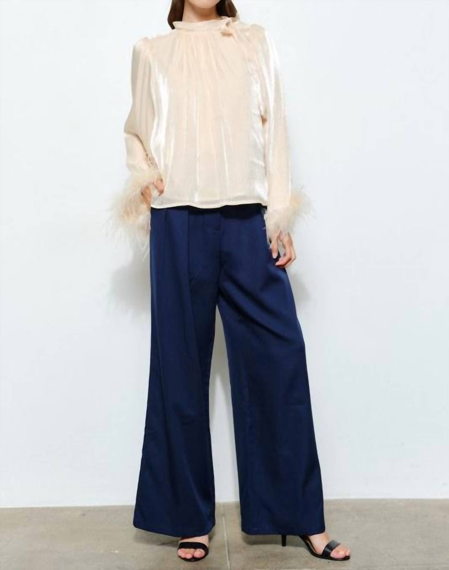 Skies Are Blue - Delphine Metallic Shimmer Bow Tie Feather Hem Blouse Top