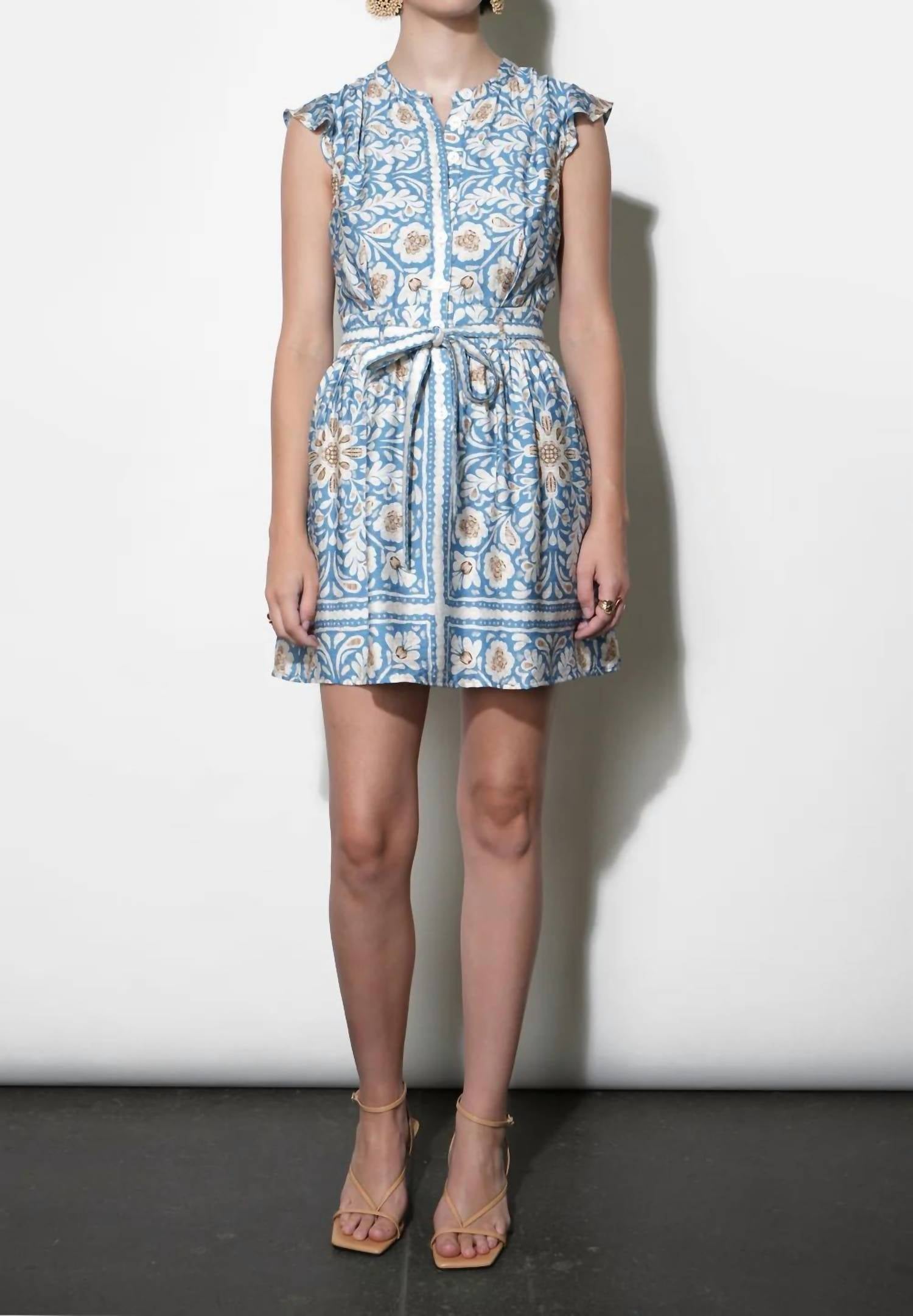GREYLIN Bailey Flutter Sleeve Belted Mini Dress in dusty blue - women's dress - view 4