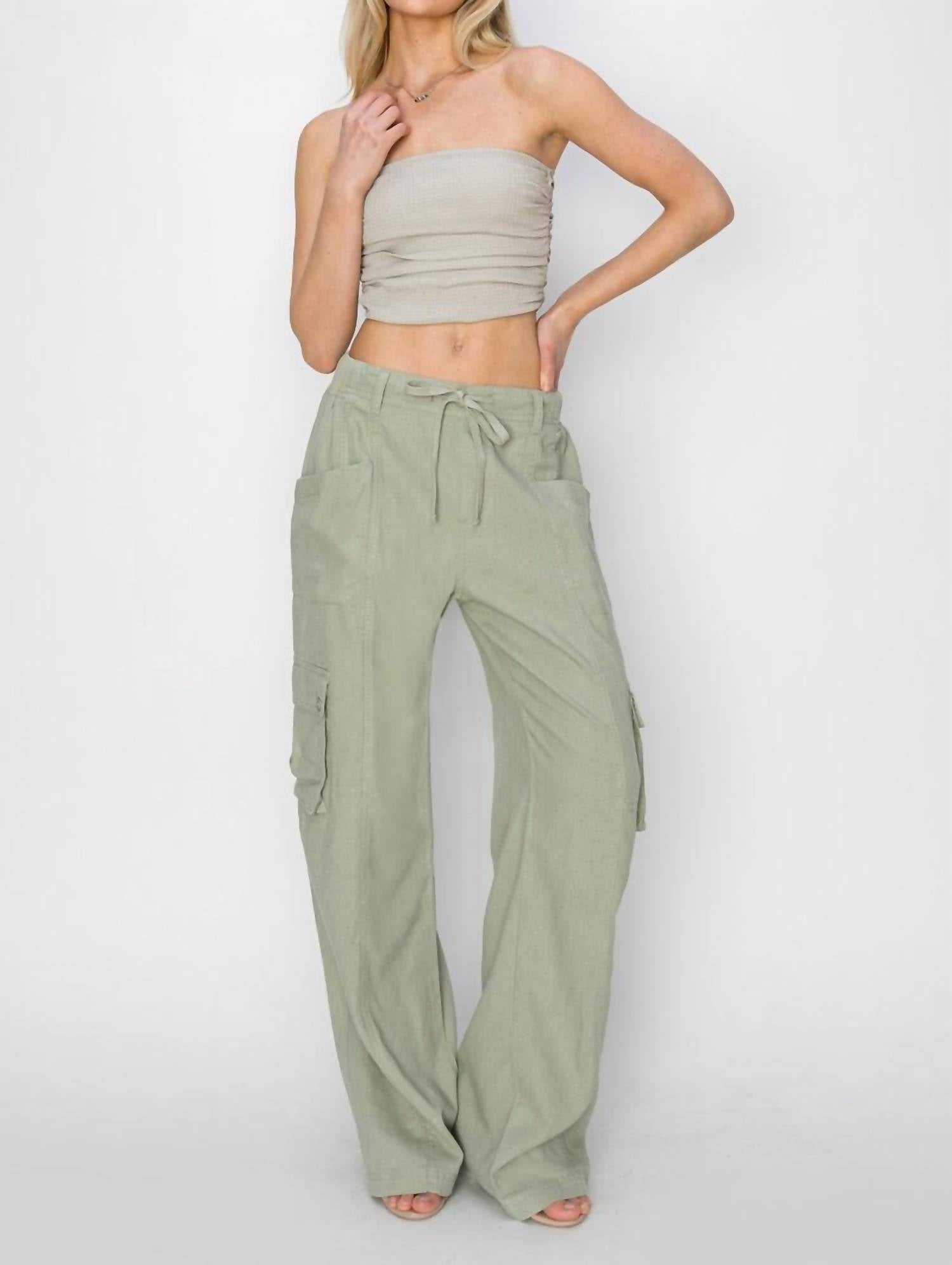 Risen - High Rise Linen Wide Cargo Pants