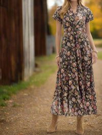 entro Floral Puff Sleeve Midi Dress in chocolate - women's dress
