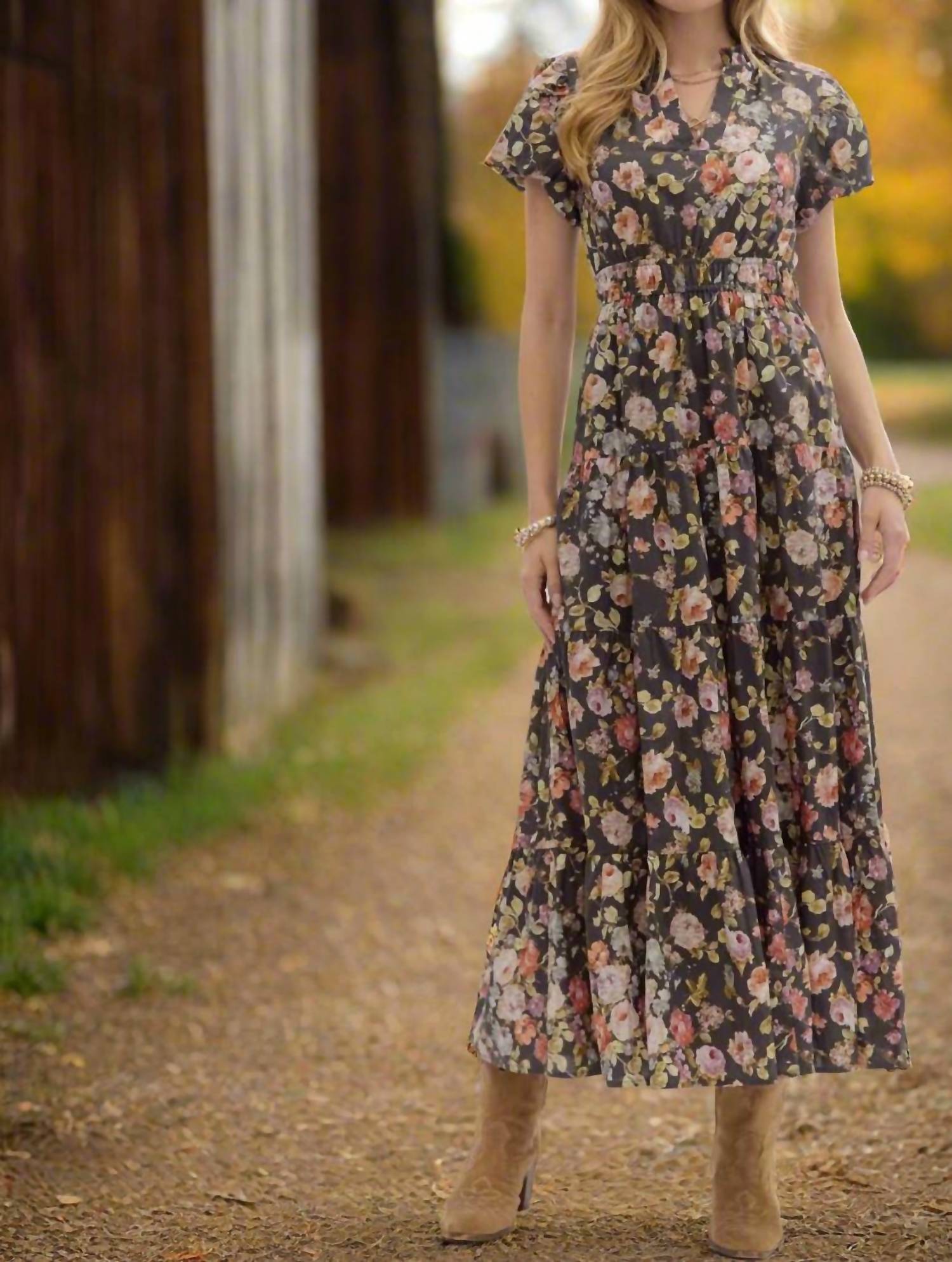 entro Floral Puff Sleeve Midi Dress in chocolate - women's dress