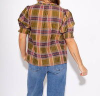 THML Color Pop Plaid Puff Sleeve Top in olive - women's blouse - alternate view