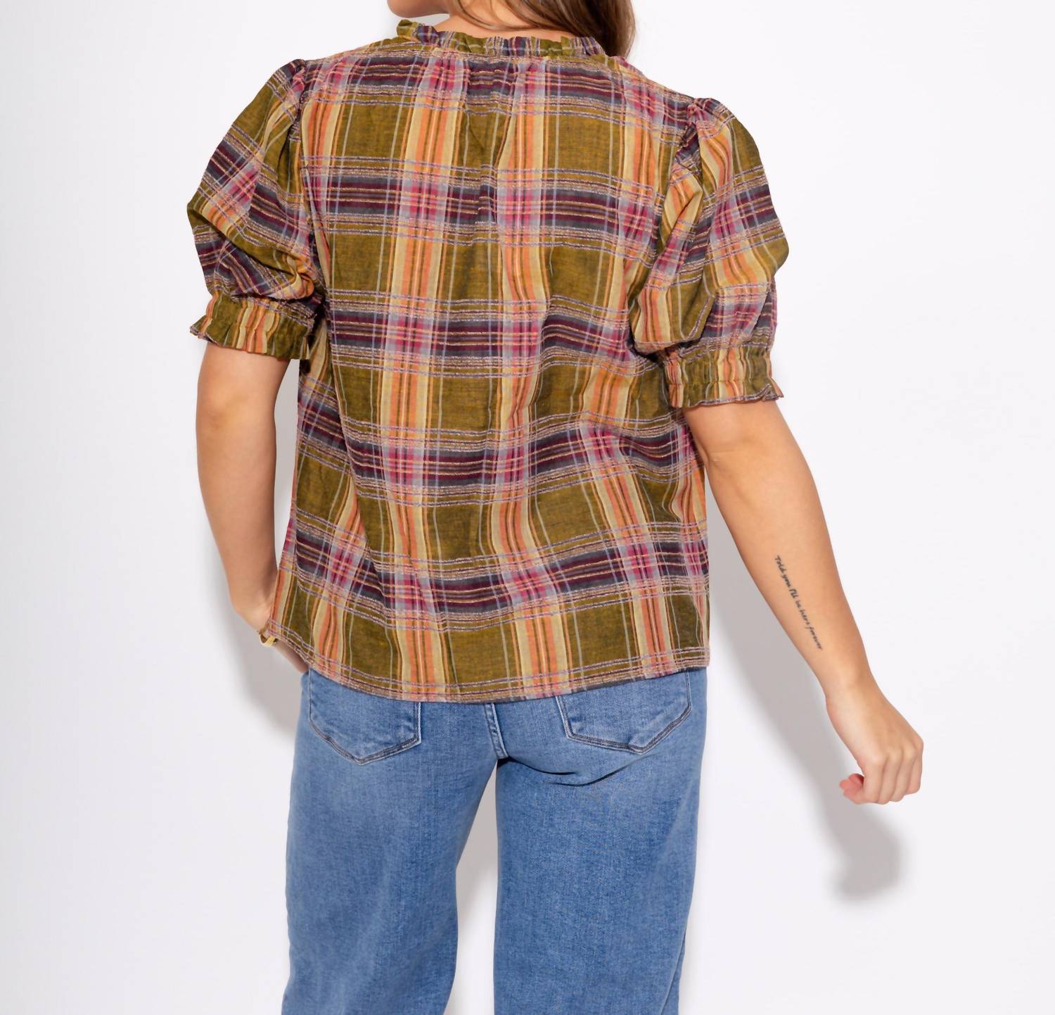THML Color Pop Plaid Puff Sleeve Top in olive - women's blouse - alternate view