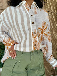 Sew In Love - Button-down Floral And Stripe Printed Top