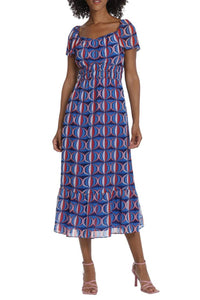 Maggy London - Geometric Smocked Waist Midi Dress