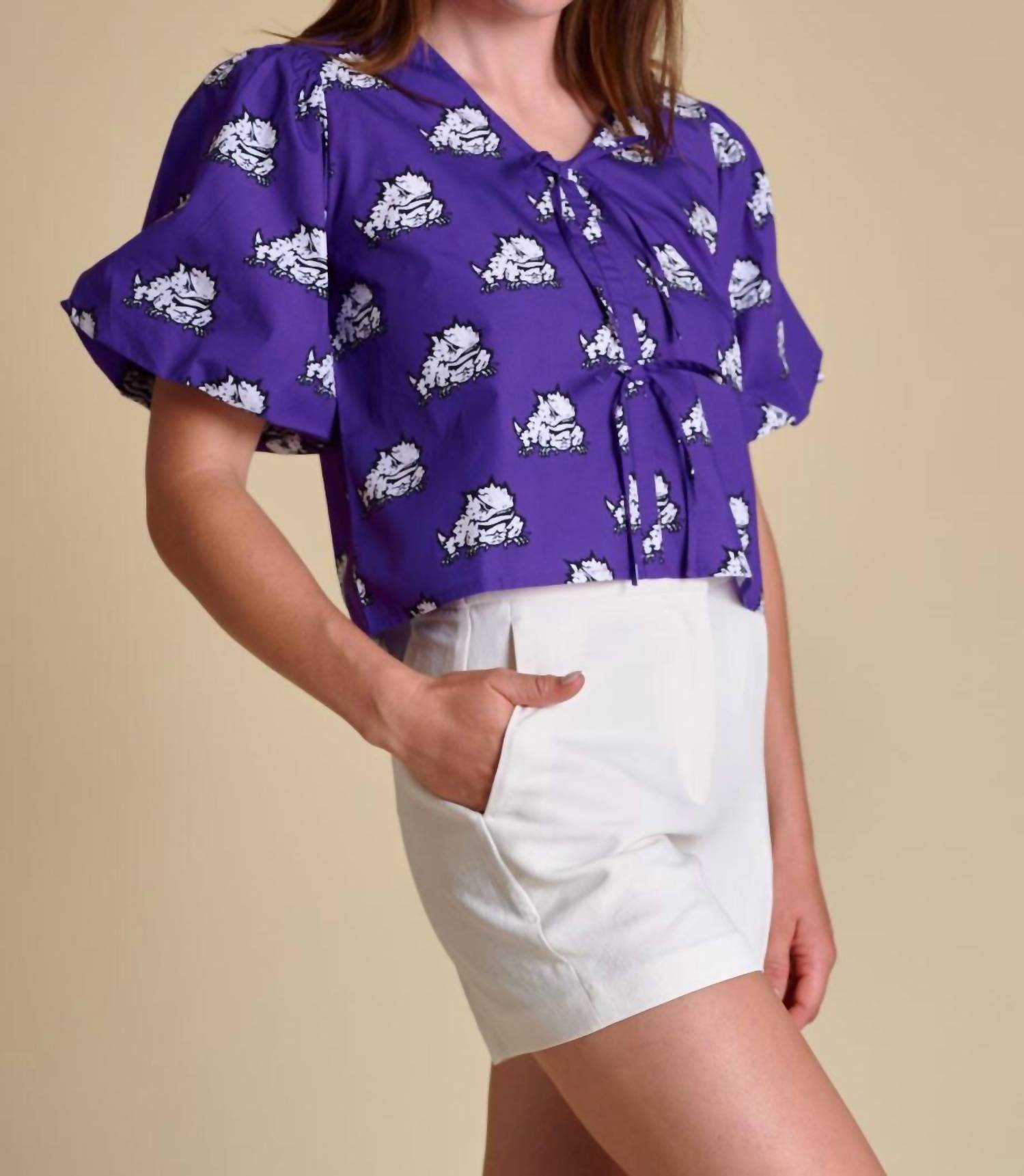 Stewart Simmons - Poplin Puff Sleeve Tie Top