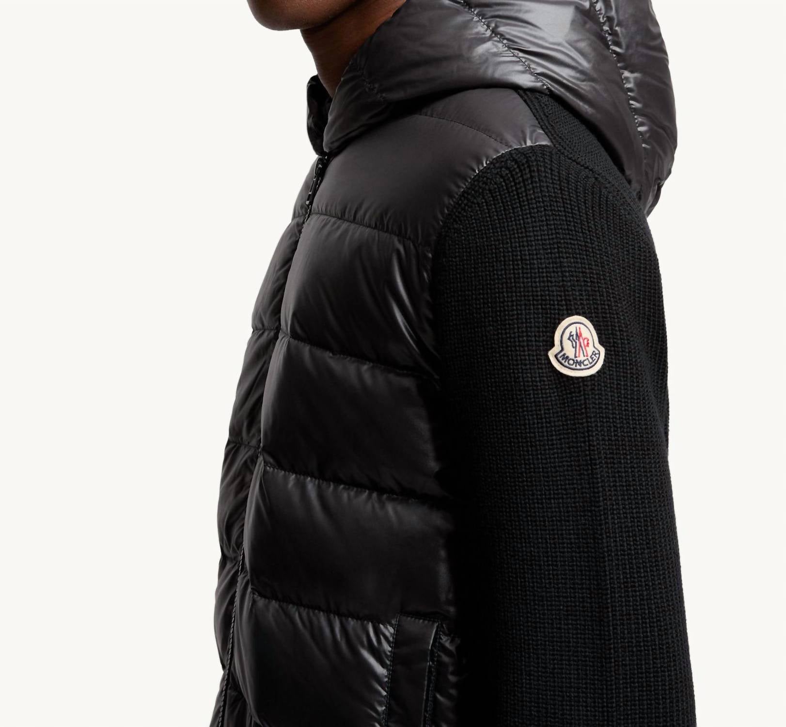 Moncler Padded Wool Zip-Up Hoodie in black - men's jacket - detail view