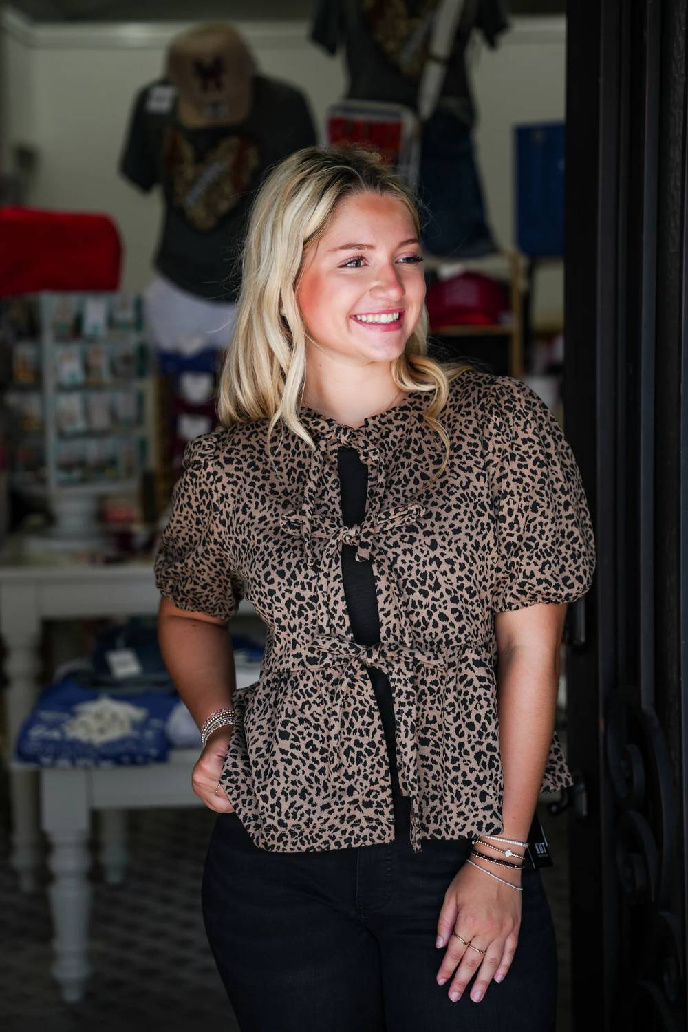 Miou Muse - Leopard Print Tie Front Blouse