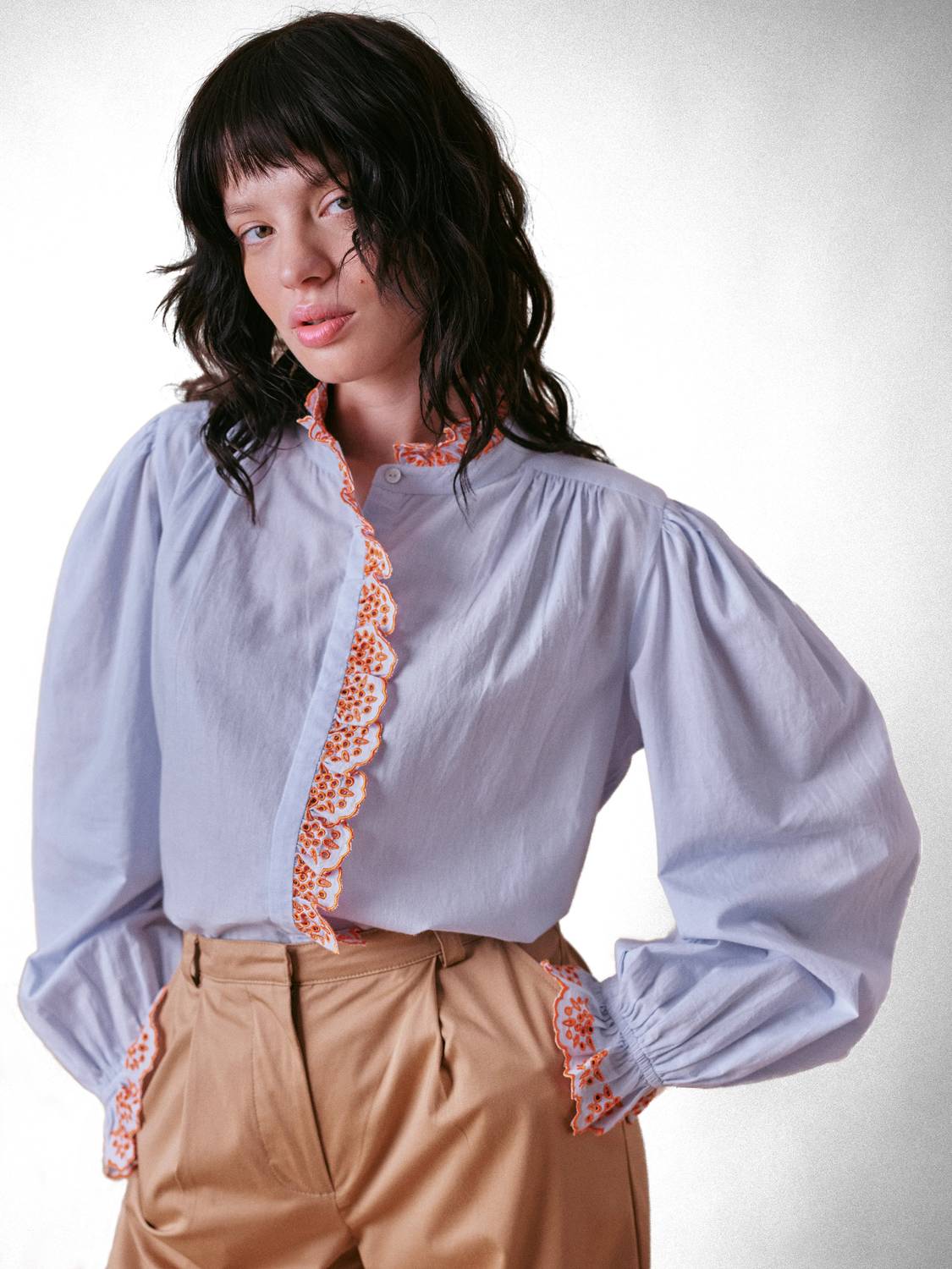 Cape Cove - Jewel Trim Cotton High Neck Blouse