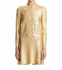 Oscar de la Renta Long Sleeve Foil Lace Embroidered Cardigan in gold - women's cardigan