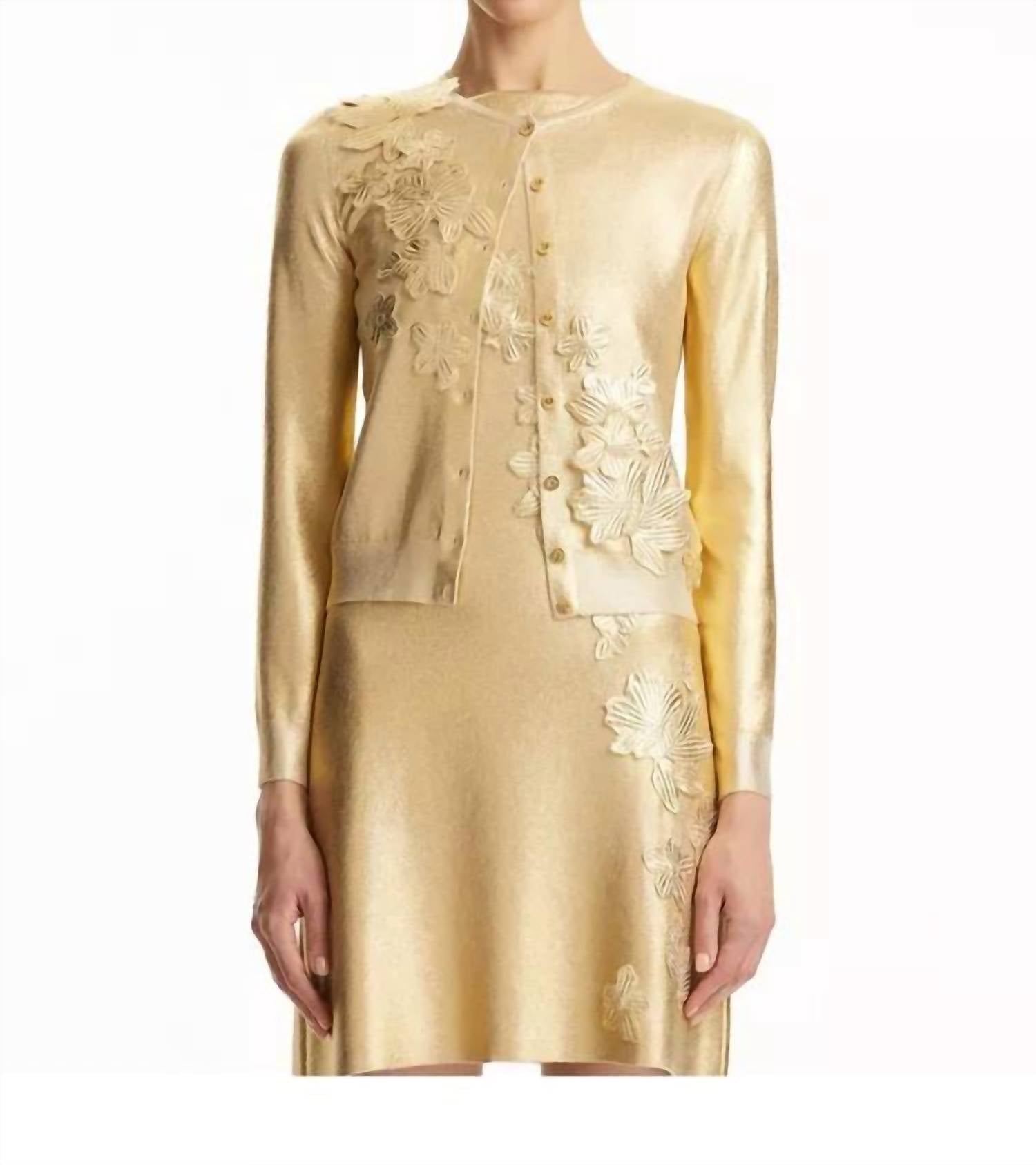 Oscar de la Renta Long Sleeve Foil Lace Embroidered Cardigan in gold - women's cardigan