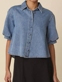 OLIVACEOUS Puff Sleeve Top in denim - women's blouse