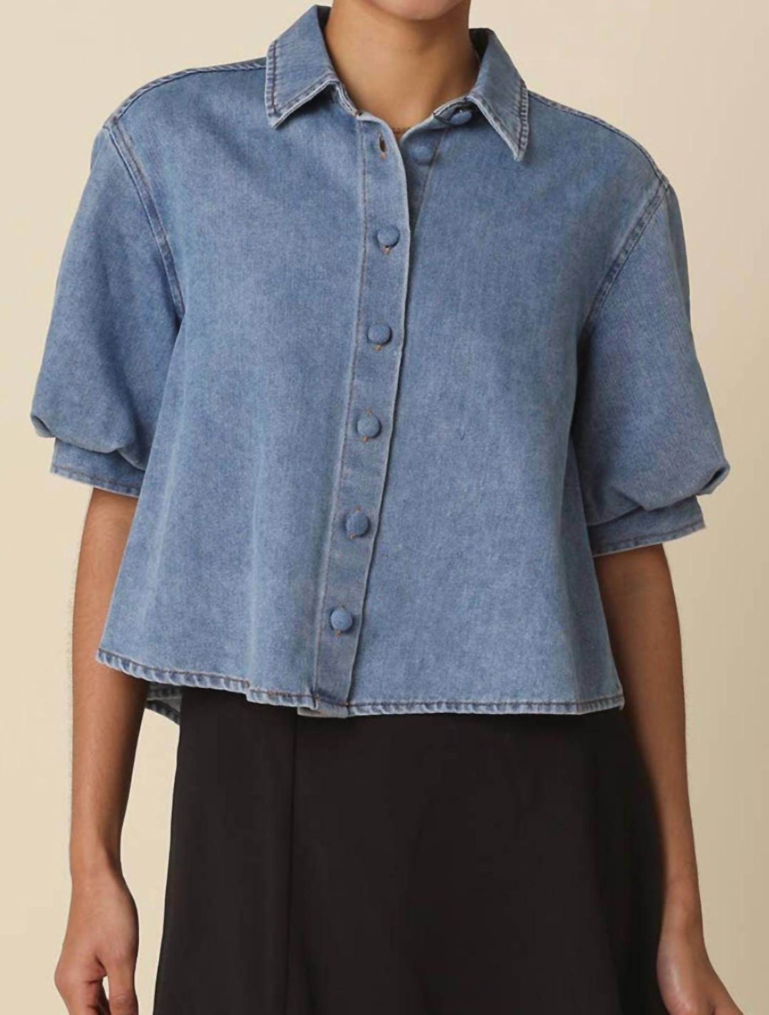 OLIVACEOUS Puff Sleeve Top in denim - women's blouse