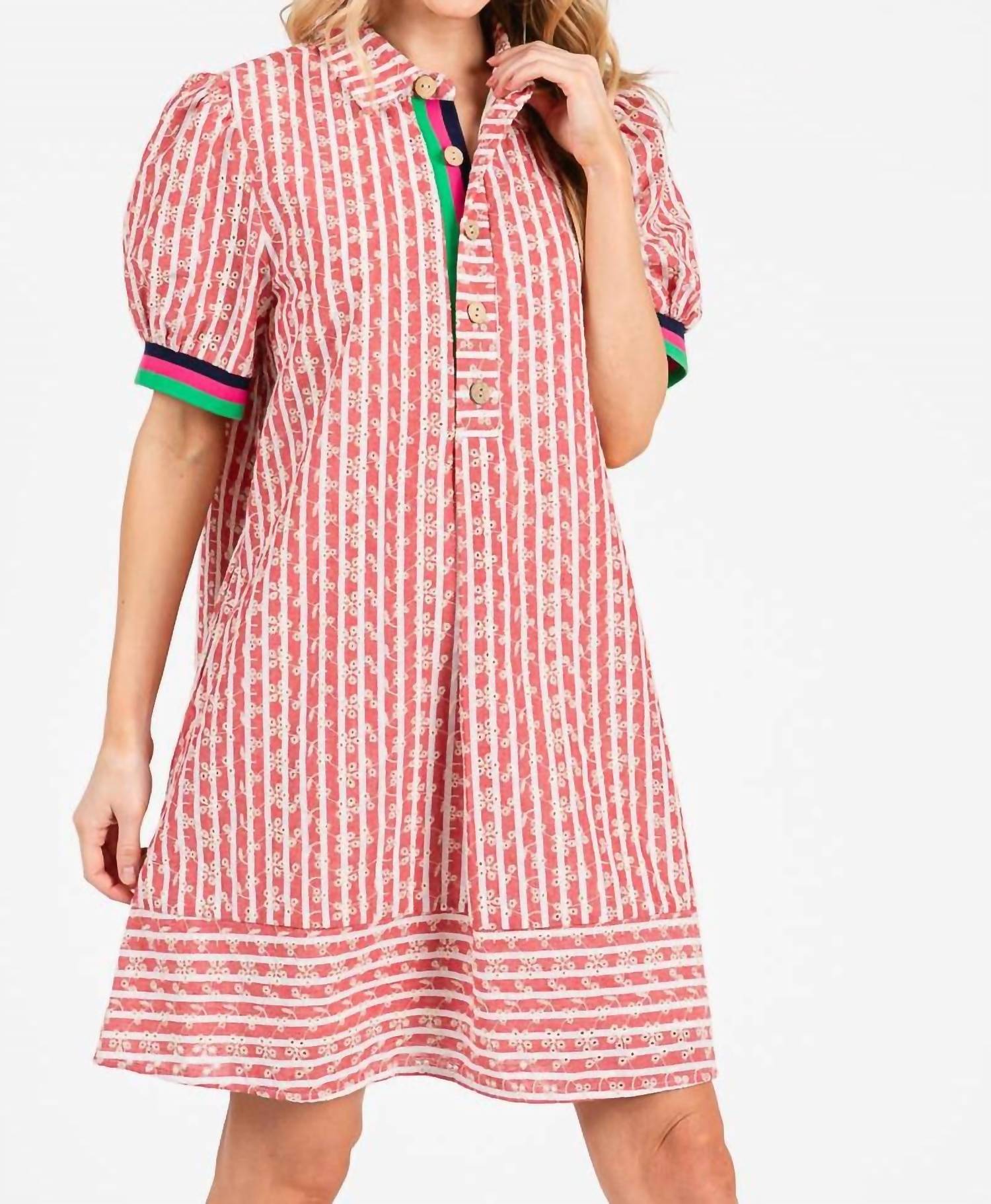 Sewn And Seen - Striped Floral Collared Puff Sleeve Mini Dress
