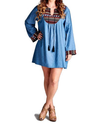 Velzera - Tassel Embroidered Denim Mini Dress