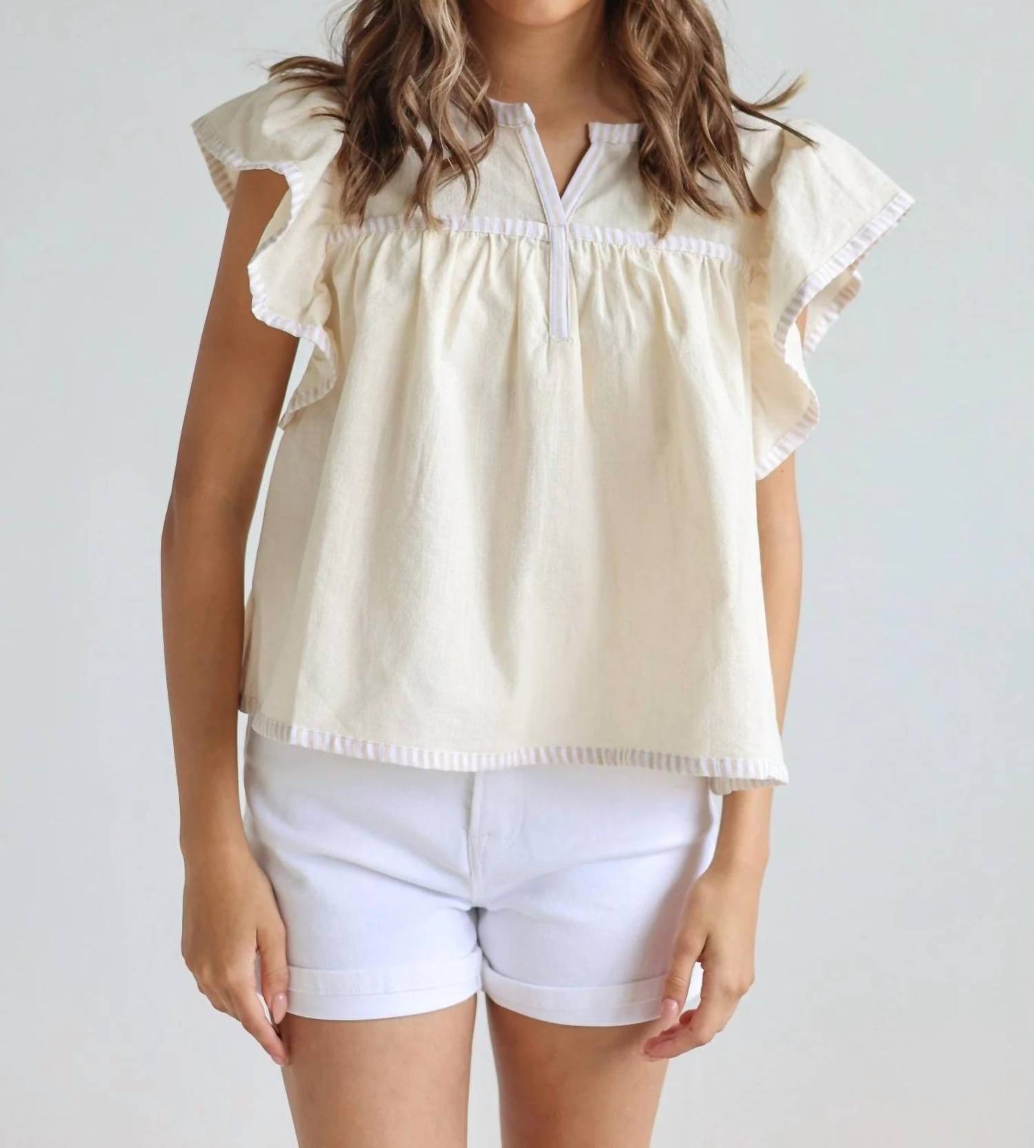 In February - Lucia Flutter Sleeve Blouse With Contrast Trim