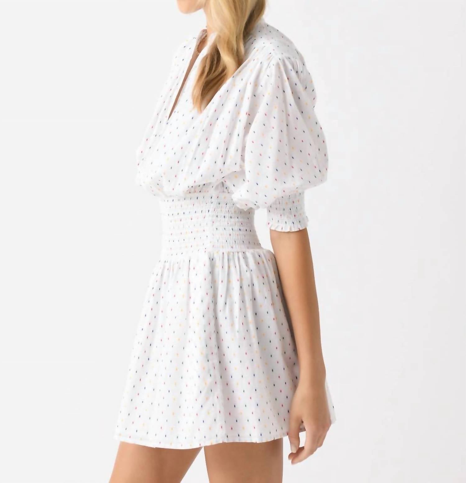 Never a Wallflower Smocked Waist Dress in primary swiss dot - women's dress - detail view
