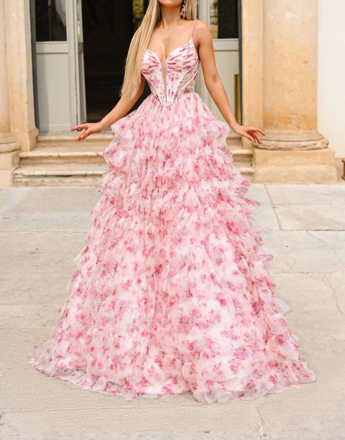 Alyce Paris - Long Plunging Neckline Ruffled Ballgown