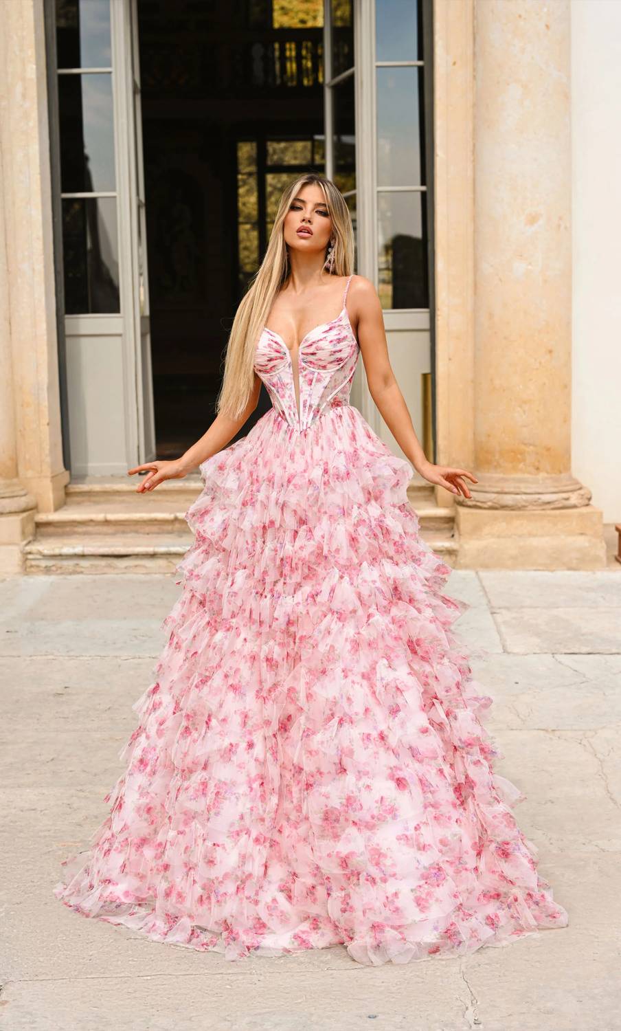 Alyce Paris - Long Plunging Neckline Ruffled Ballgown