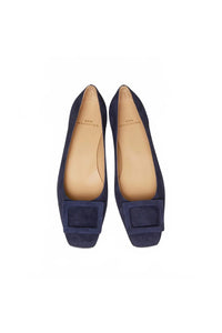Ann Mashburn Women's Buckle Shoe in navy suede 1 - women's heels - detail view