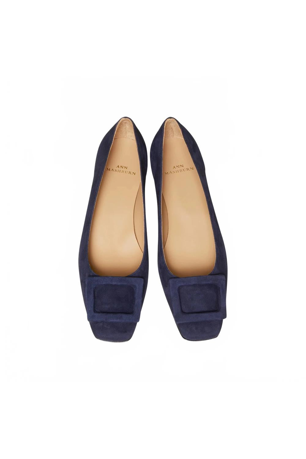Ann Mashburn Women's Buckle Shoe in navy suede 1 - women's heels - detail view