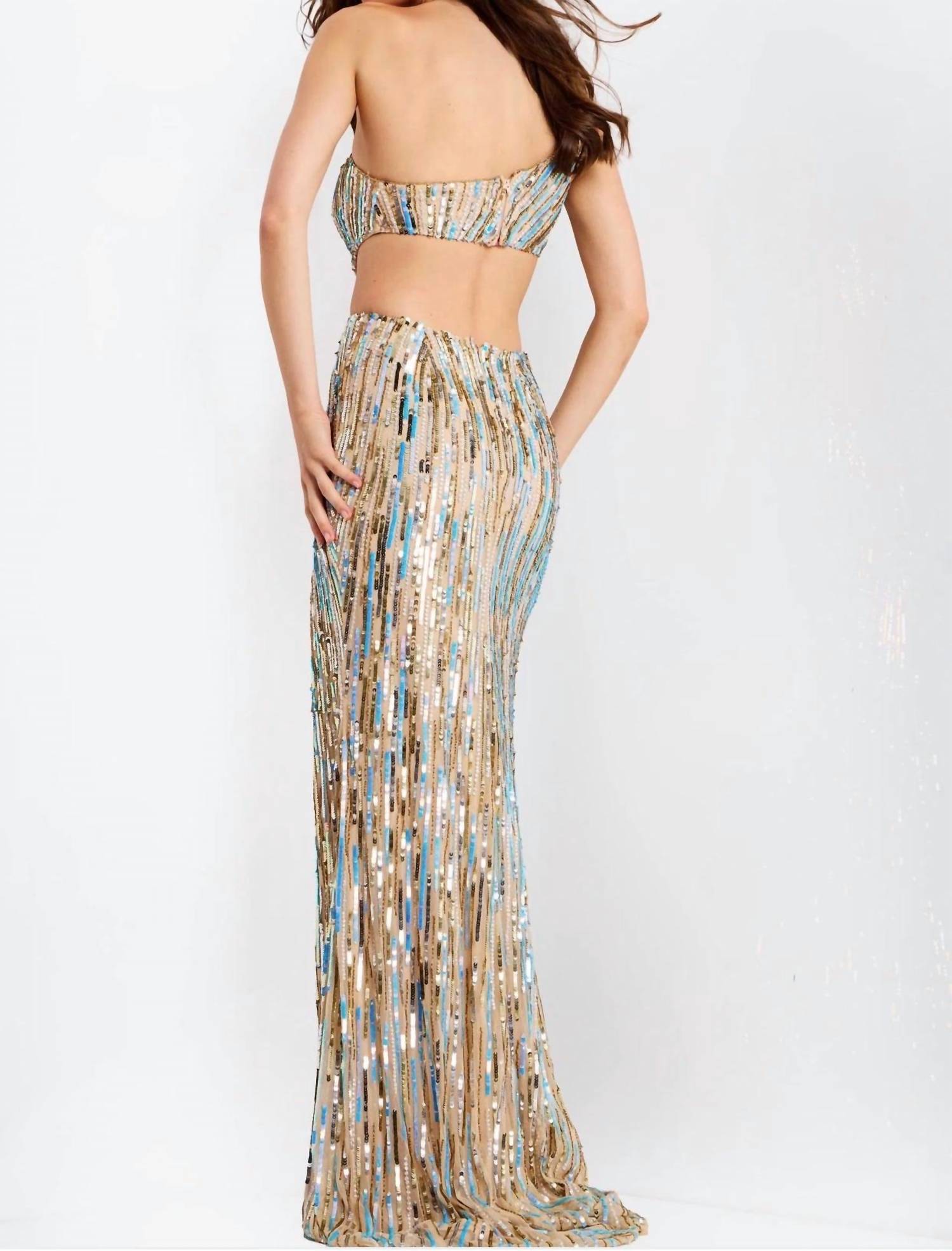JOVANI Madeline Long Formal Prom Dress in nude gold - women's dress - detail view