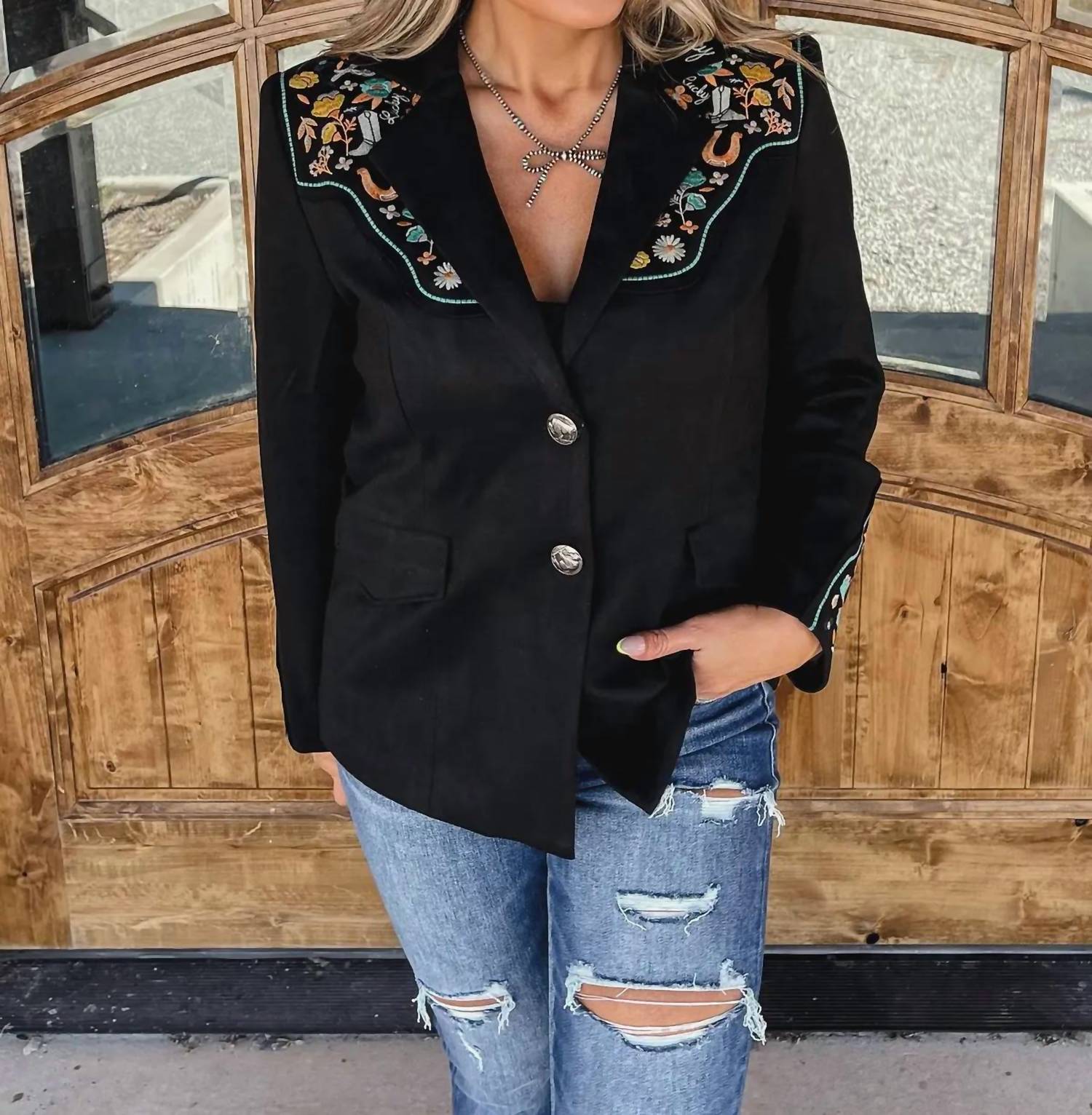 Lucky & Blessed - Western Floral Embroidered Blazer