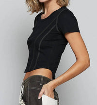 Pol - Contrast Stitching Round Neck Crop T-shirt