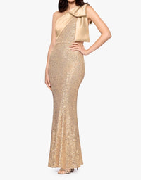 Betsy & Adam - Sequin One Shoulder Satin Drape Floor Length Dress