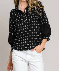 Cerule - Bracelet Sleeve with Embroidered Eyelet Lace Trim Blouse